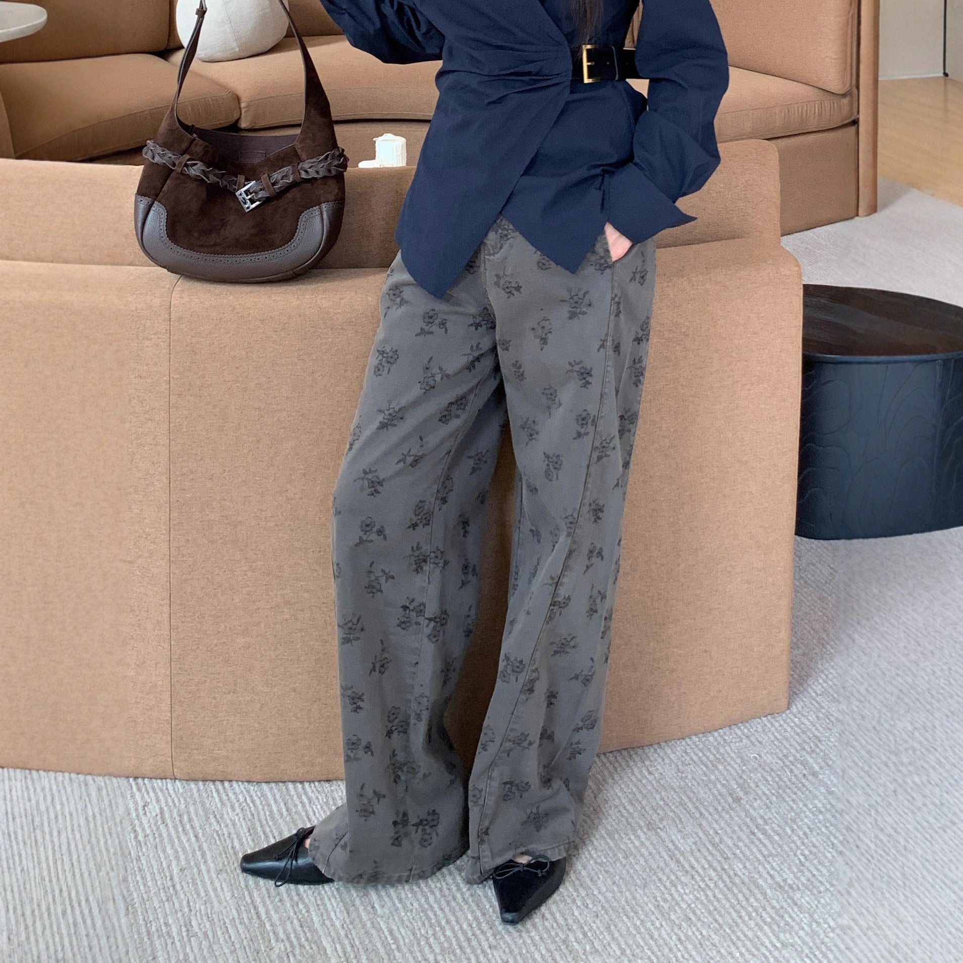 Casual slim cotton-blend dark printed straight denim trousers