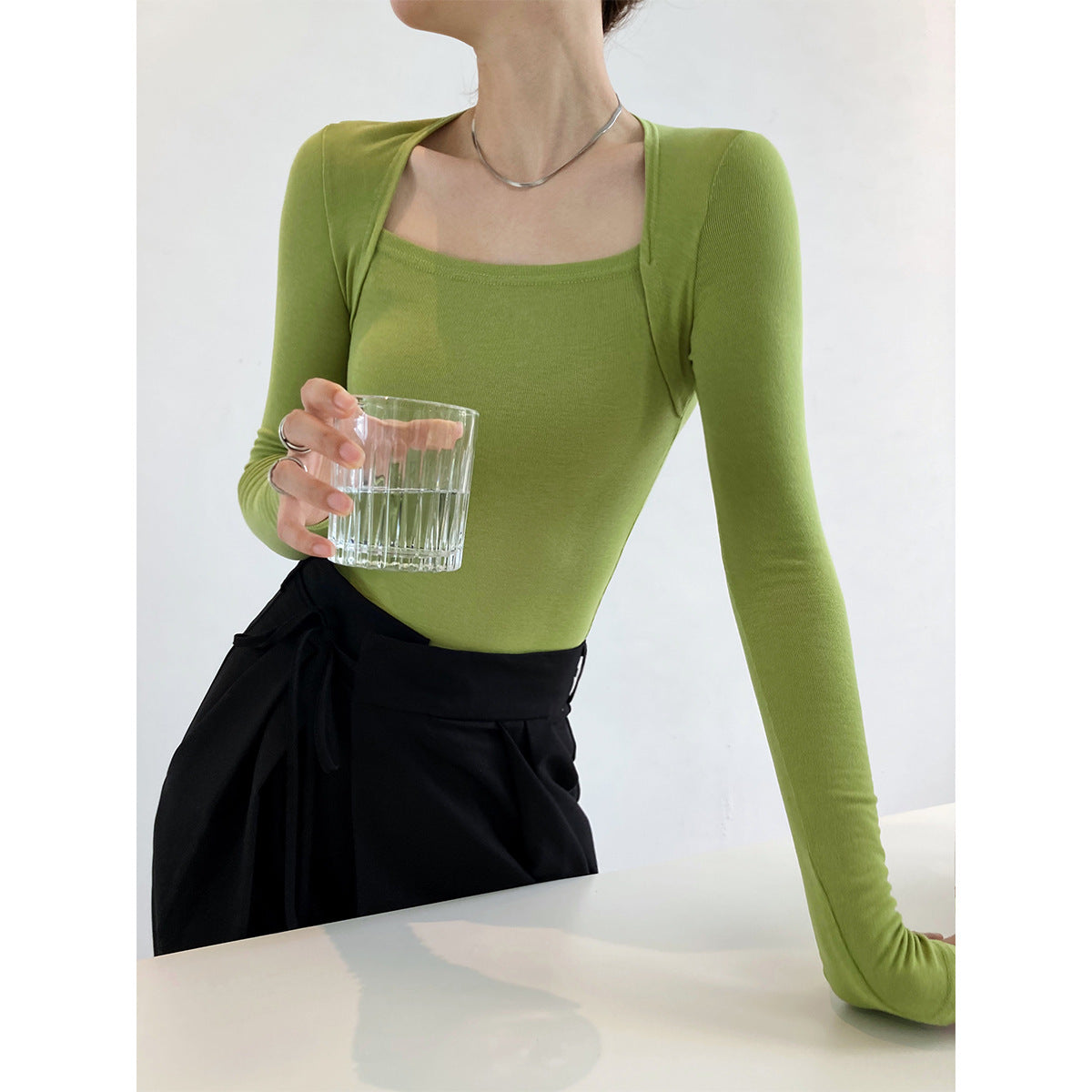 French pure desire long-sleeved square neck t-shirt women's slim and thin fake two-piece top autumn thin bottoming shirt