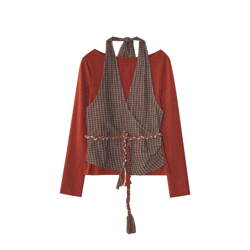 Plaid strap neck vest two-piece long-sleeved t-shirt