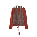 Plaid strap neck vest two-piece long-sleeved t-shirt