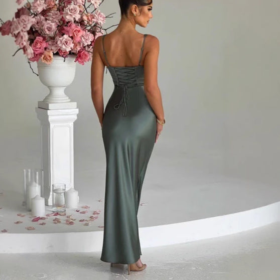 Sexy Fishbone Suspender Dress Fashion Halter Slim Satin Spice Girl Long Dress
