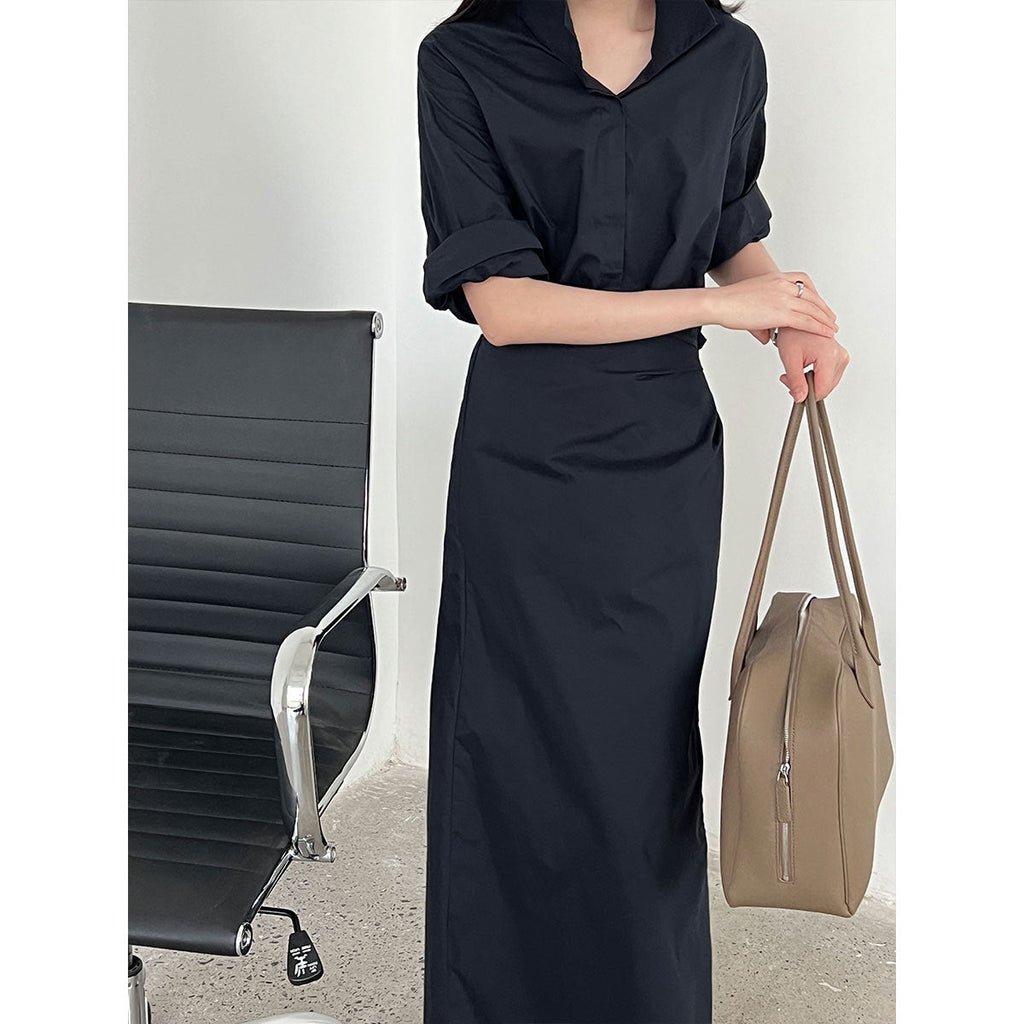 Korean version of the design sense lace-up V-neck waist dress women's summer new thin shirt long skirt