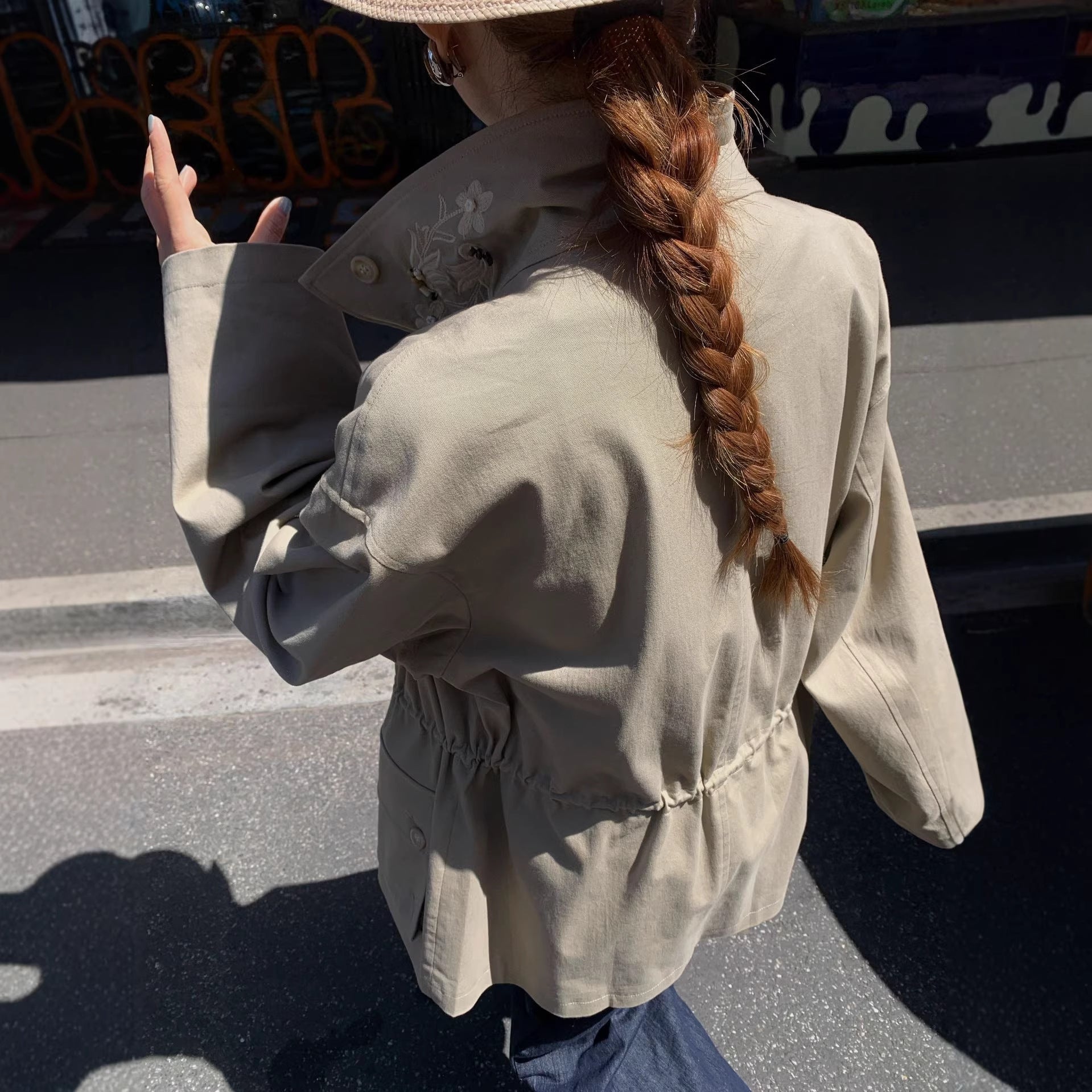 Retro Embroidered Stand-Up Collar Zipper Midi Jacket