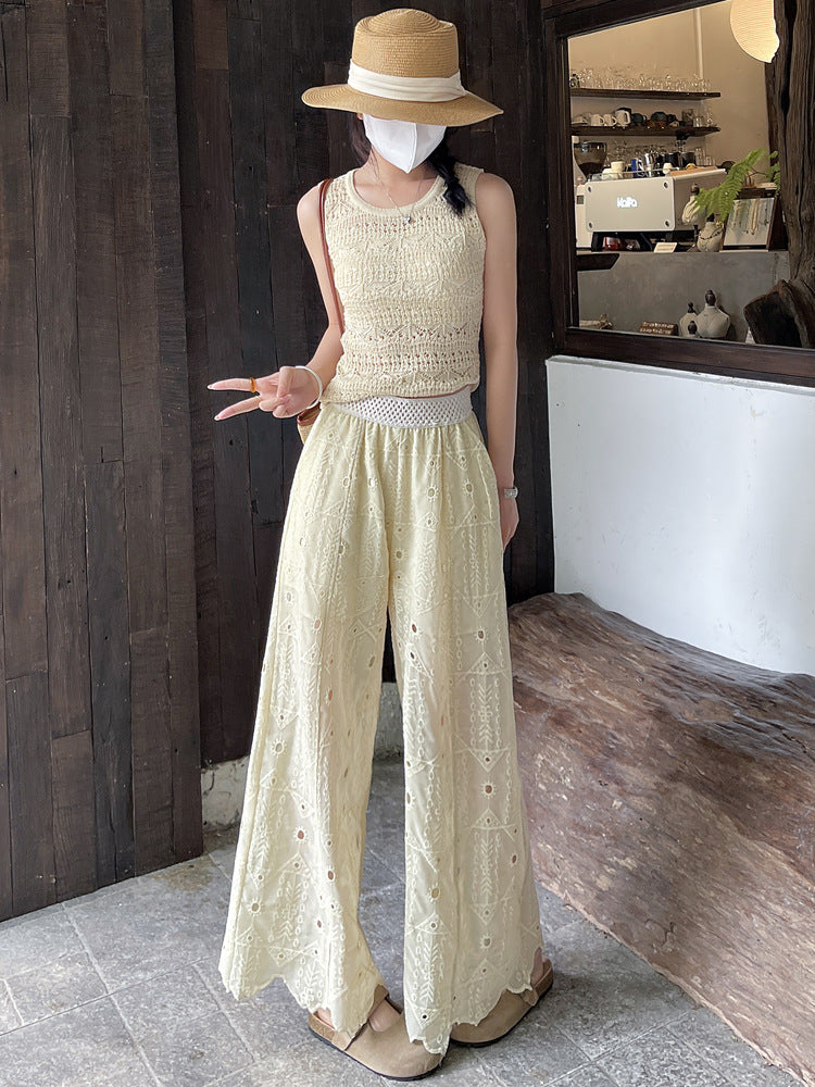 Thin heavy industry embroidered hook-cut hollow lace nine-point straight-leg pants