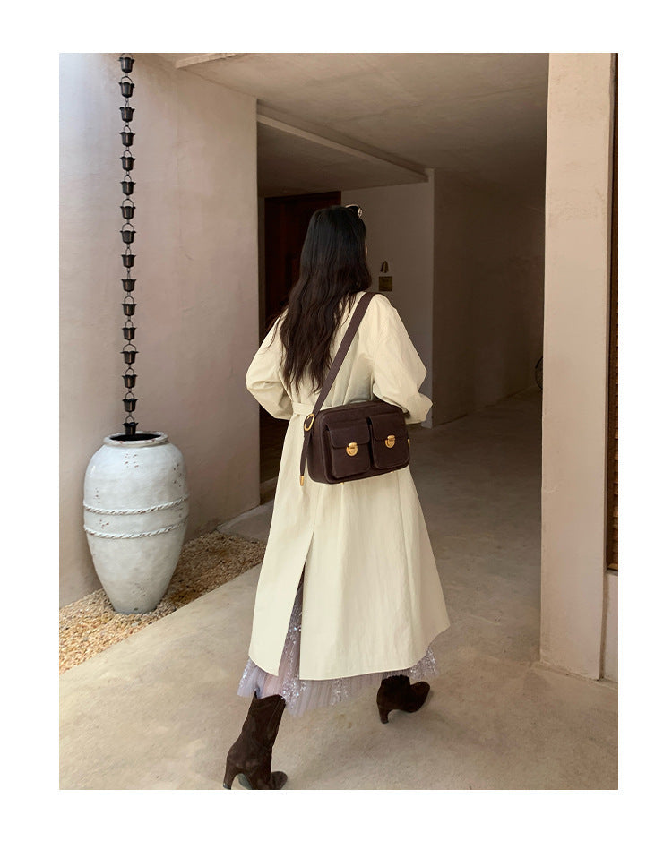 Autumn Korean British style strap waist stand-up collar long temperament trench coat