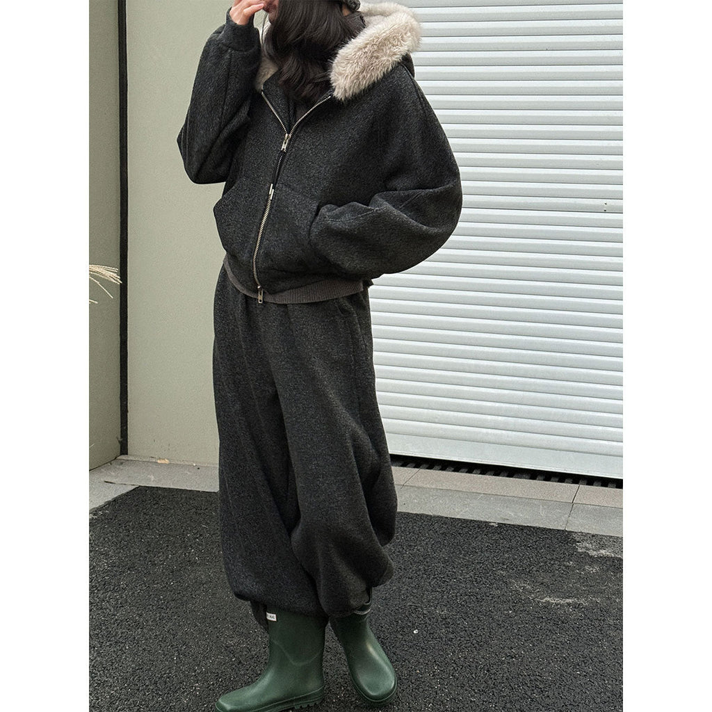 Slack, lazy, fur-collared sweatshirt, jacket, scimitar, wide-leg pants, women's winter wool fleece casual suit 2153