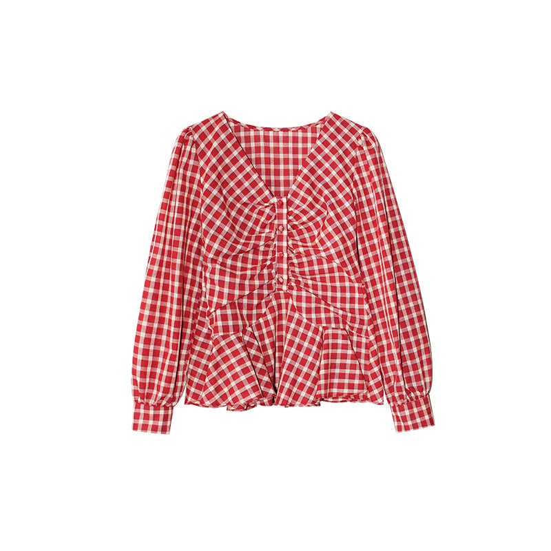 Women's V-Neck Plaid Ruffle Pleated-Waist Slim-Fit Long Sleeve Cotton Shirt