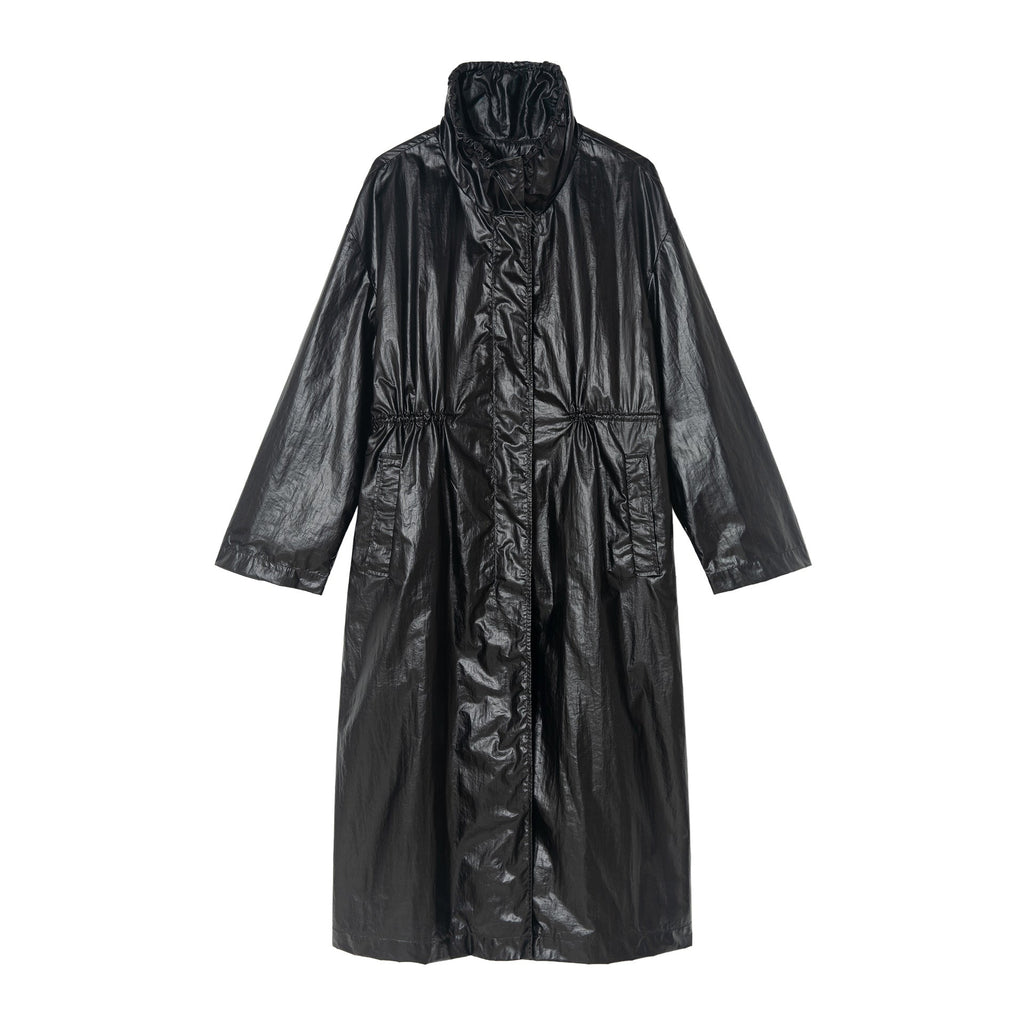 Autumn new commuter waterproof PU coated drawstring dark four-in-one buckle waist trench coat