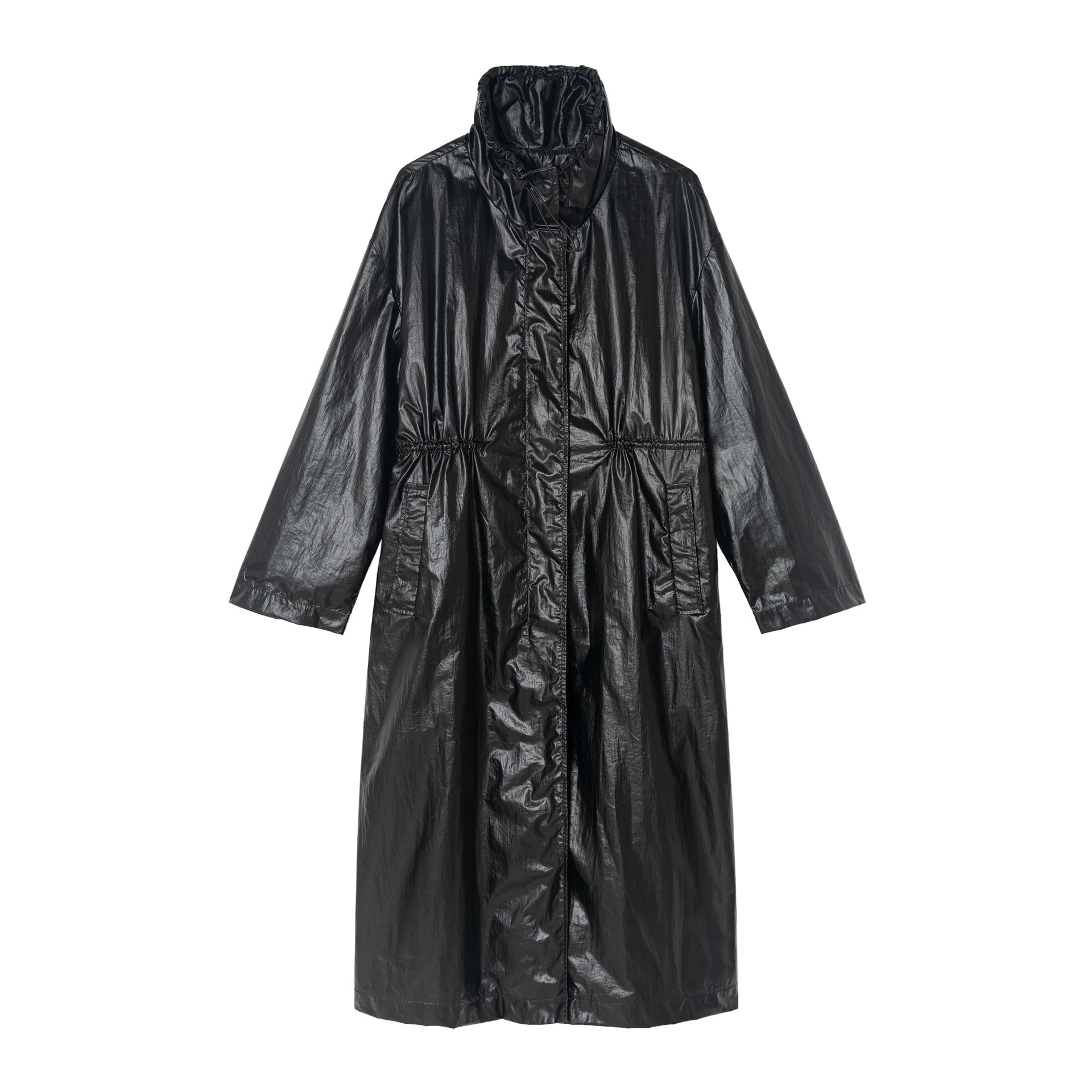 Autumn new commuter waterproof PU coated drawstring dark four-in-one buckle waist trench coat