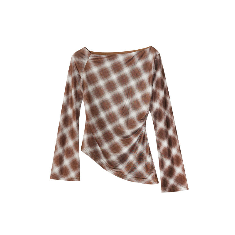 Autumn French Retro Plaid Irregular Slant Neck Off-Shoulder Long Sleeve Bottom Shirt
