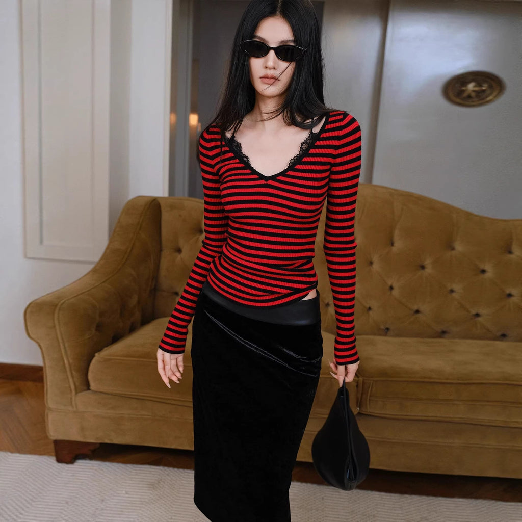 French Lace Trim Wool Knit Top | V-Neck Slim Fit Stretch Base Layer