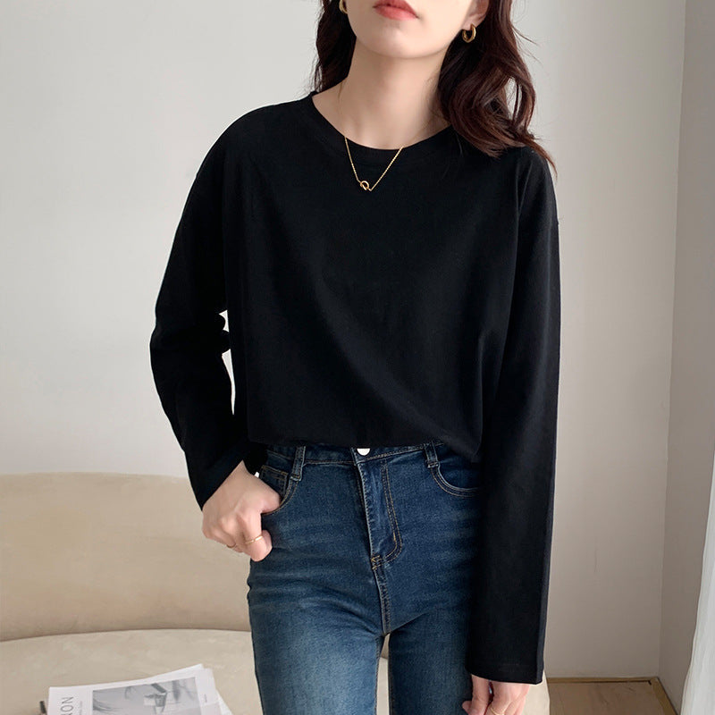 Pure Cotton Long Sleeve T-Shirt Women Round Neck Base Layer Casual Top