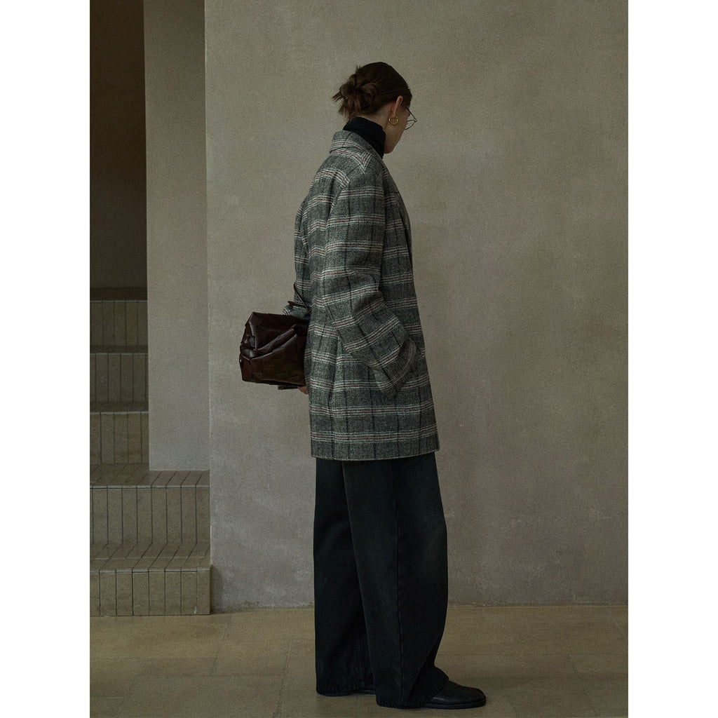 Autumn Design Retro Casual Wool Plaid Classic Wide Shoulder Suit