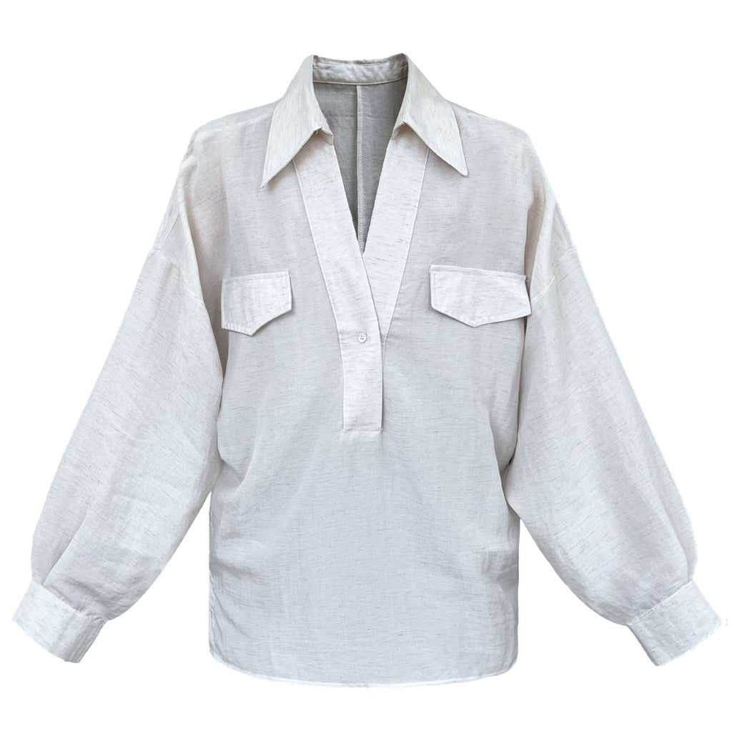 Korean V-neck linen shirt women's long sleeve autumn new temperament blogger relaxed design shirt