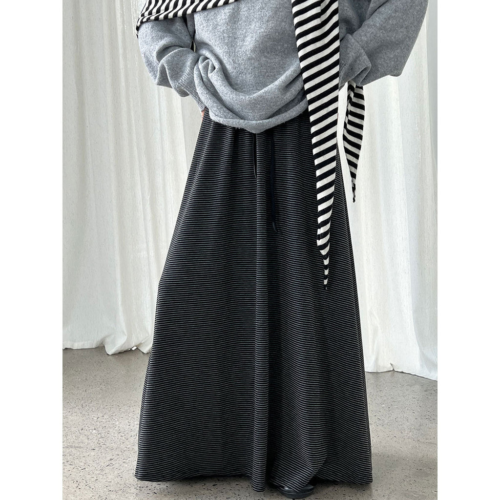 Korean lazy wind drawstring pinstriped skirt autumn new drape high waist thin dress