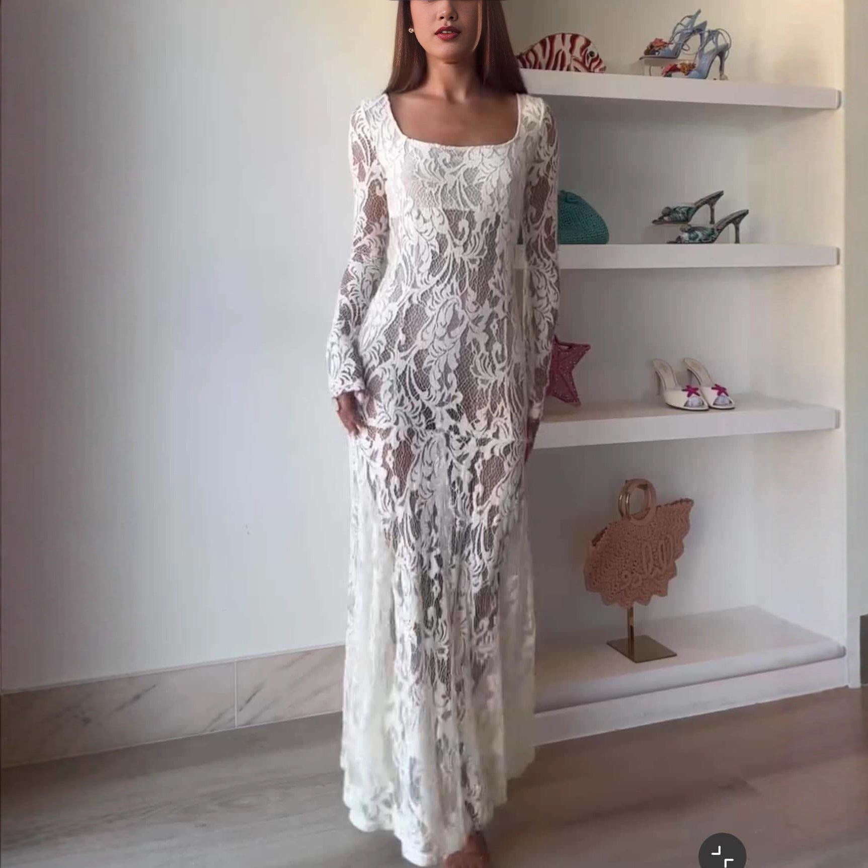 Openwork lace see-through long sleeve hottie sexy dress