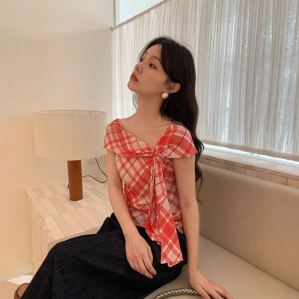 Retro beautiful top design streamer plaid t-shirt