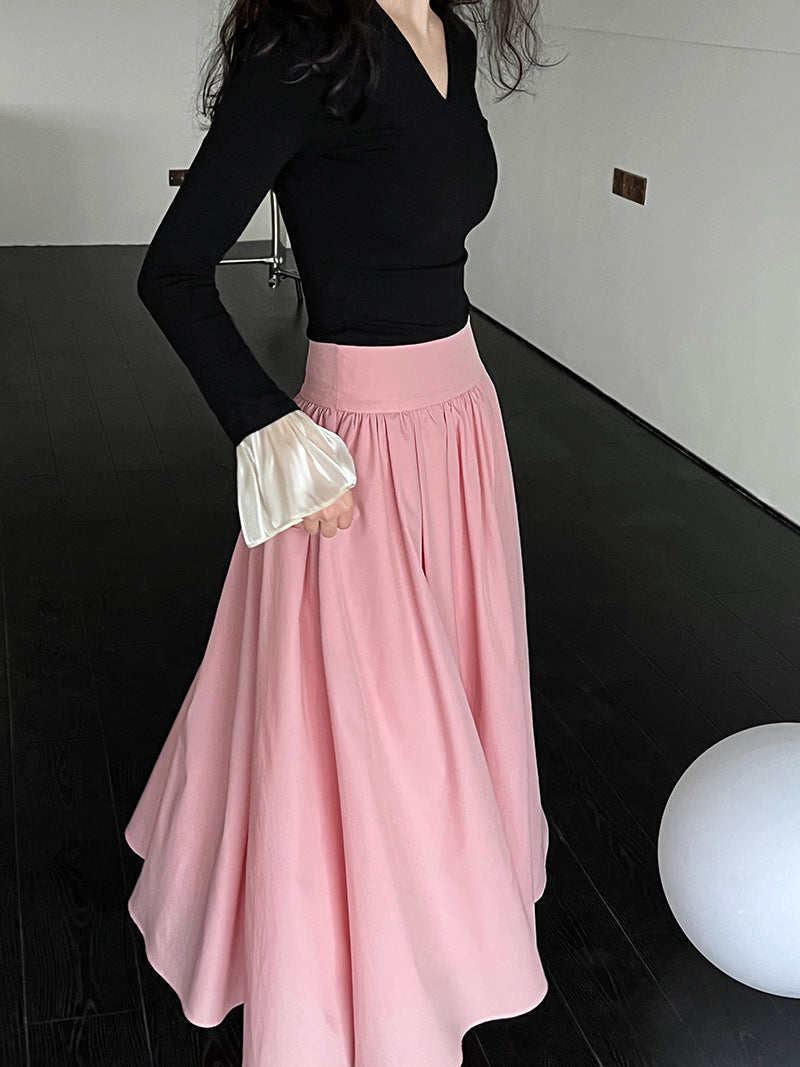 Pure desire ceiling~ V-neck knitted T-shirt splicing horn sleeves slim and thin Spice girl bottoming shirt women