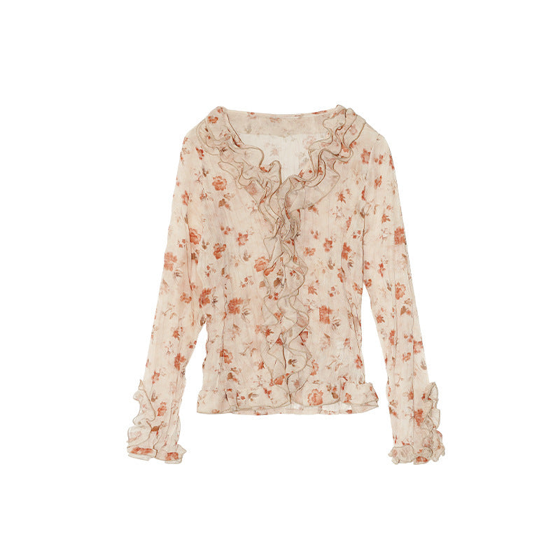 Rose print design ruffle edge thin through shirt