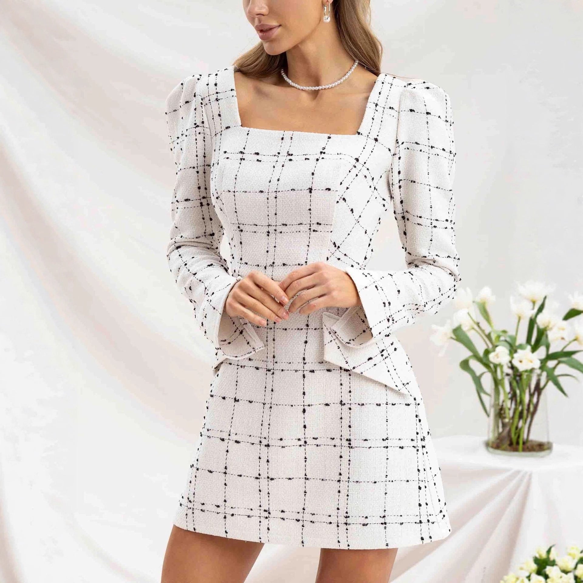 Fashion Xiaofengxiang slim-fitting long-sleeved plaid dress waist autumn and winter dress