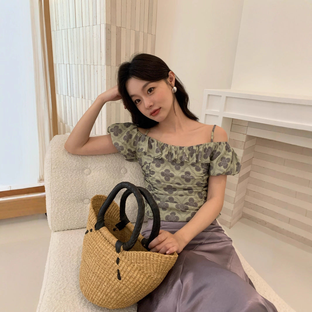 Short one-word shoulder floral suspender top