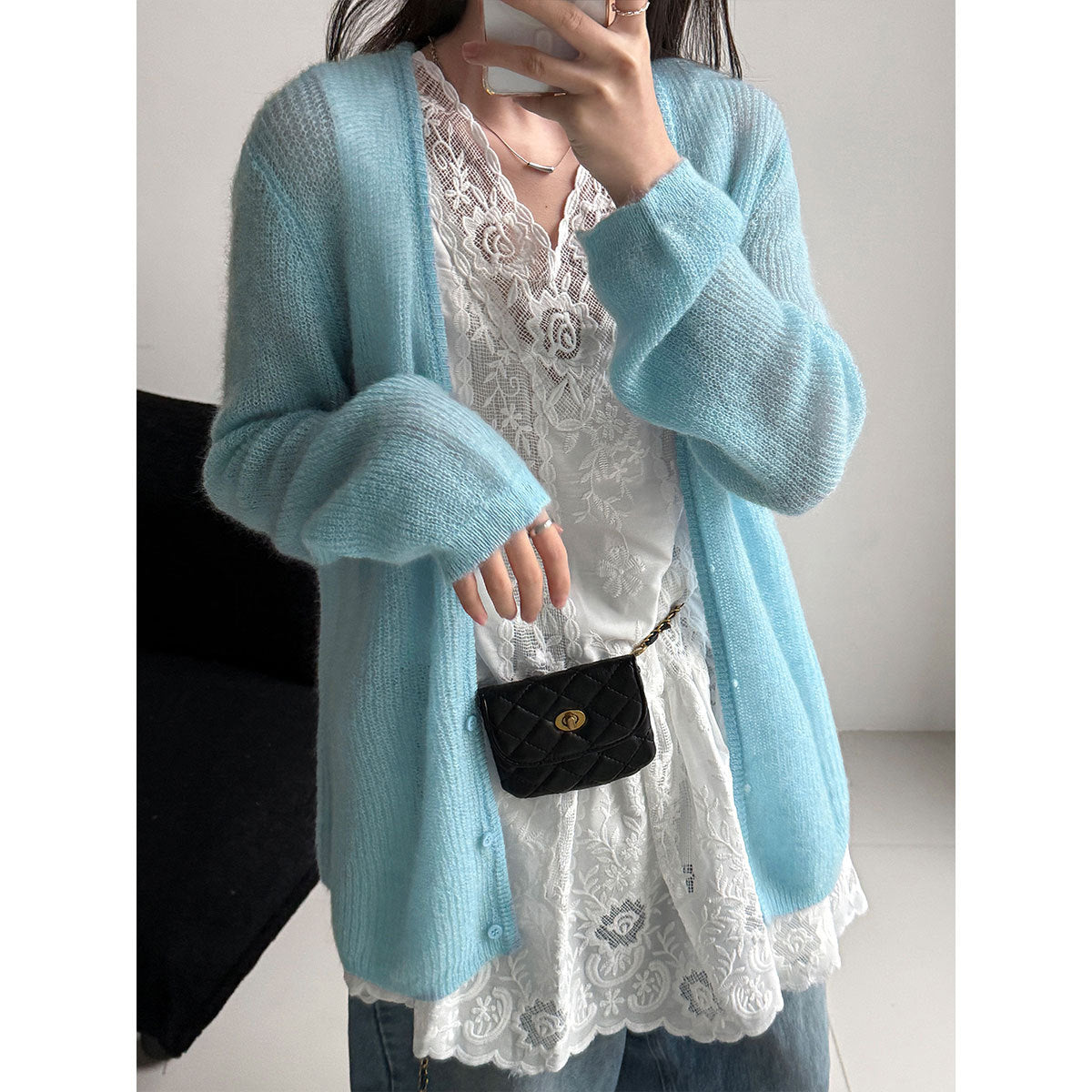 Korean gentle lazy wind wool cardigan women's 26 spring V-neck mohair knitted sweater jacket