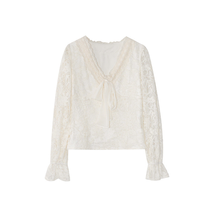Gentle temperament V-neck lace-up bow hollow lace shirt