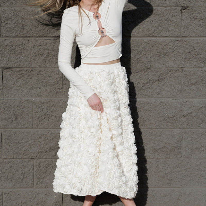 Medium and long fluffy fairy A-shaped skirt French elegant three-dimensional rose flower skirt girl