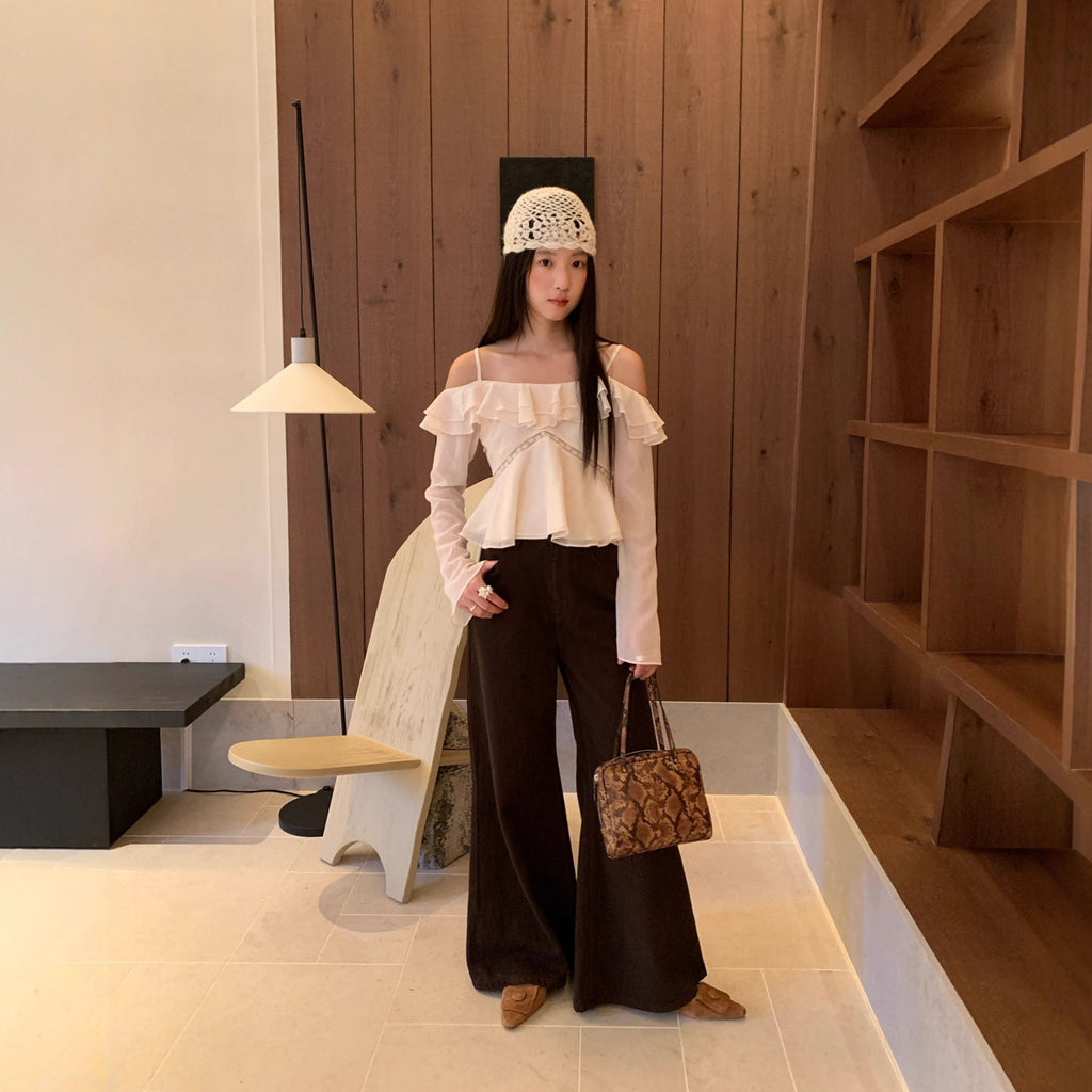 French pure desire ruffle edge small sexy off-the-shoulder suspender chiffon shirt