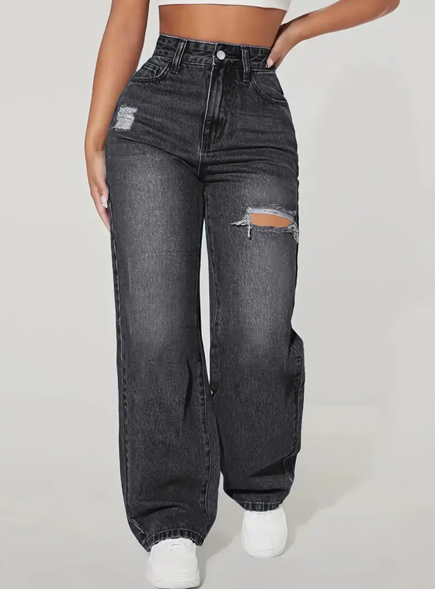 Washed Distressed Ripped Denim Jeans | Women's Casual Straight Trousers