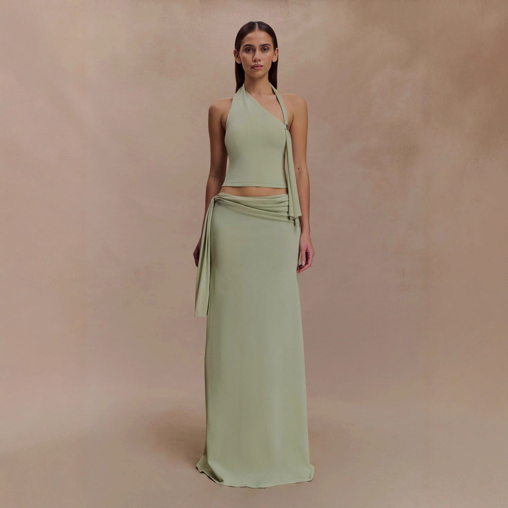 Fashion diagonal neck top slim streamer hip skirt two-piece set