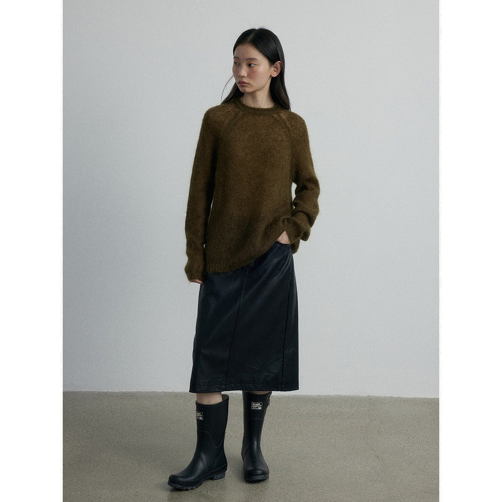 Autumn new casual high-waisted retro old-fashioned versatile straight tube medium and long leather skirt