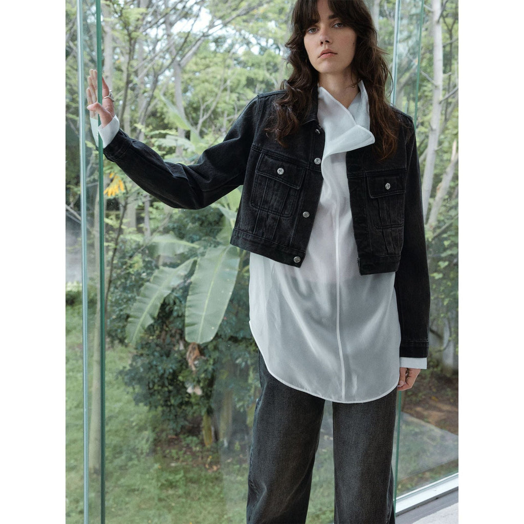 Autumn new retro nostalgia front shoulder truncated washed denim jacket