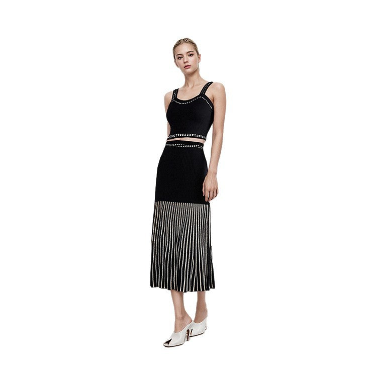 Sleeveless Two-Piece Set Women Hollow Beaded Vest Top Skirt Suit