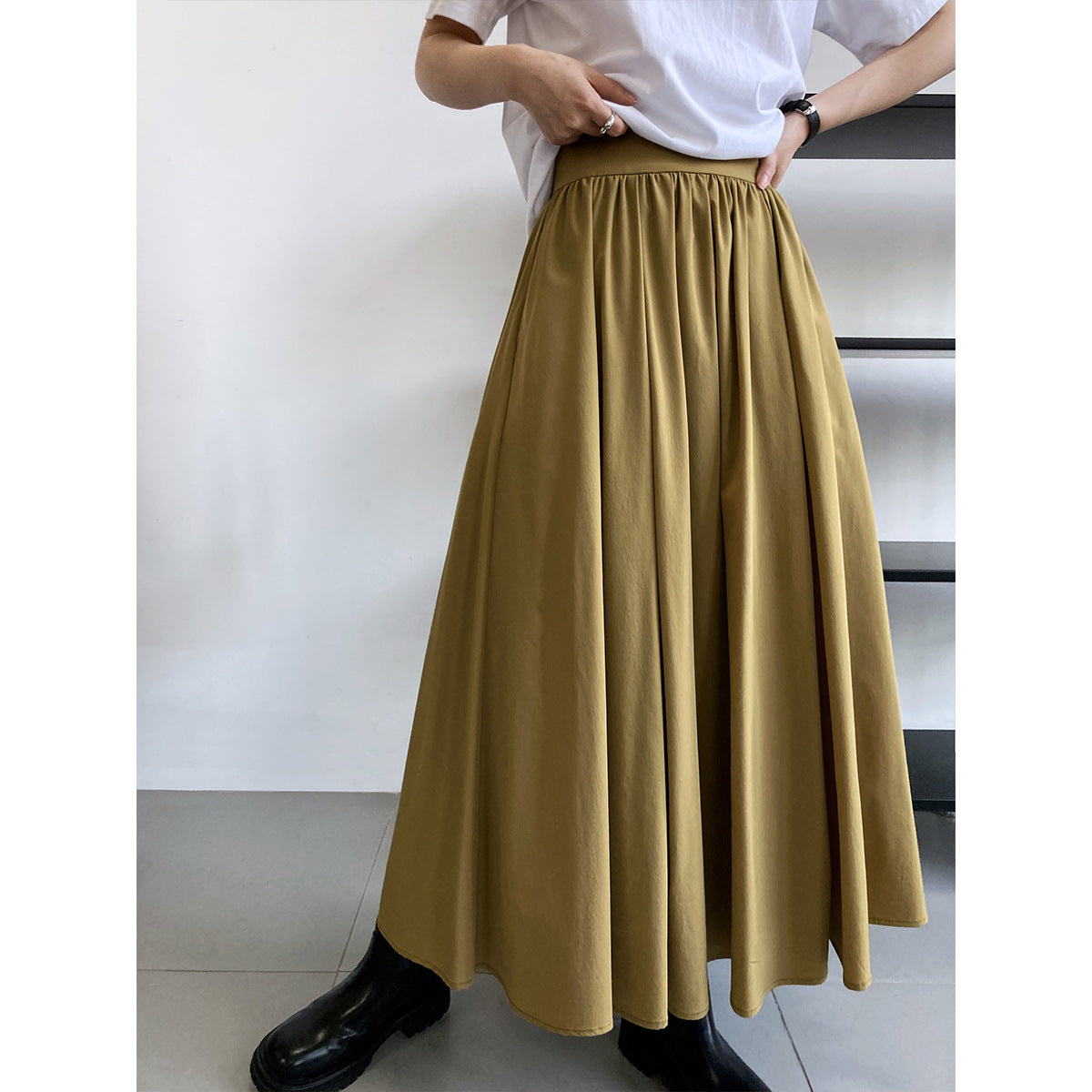High waist a word pleated skirt long skirt