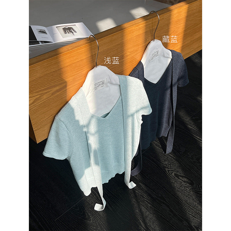Washi yarn streamer V-neck loose short-sleeved knitted sweater summer top