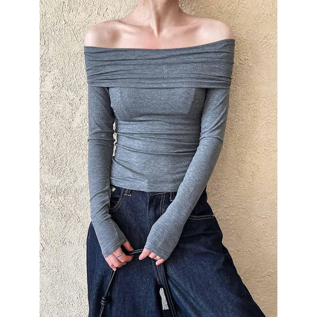 Pure desire Spice Girl design sense one-word shoulder long-sleeved T-shirt women's new off-the-shoulder sexy slim-fit bottoming shirt