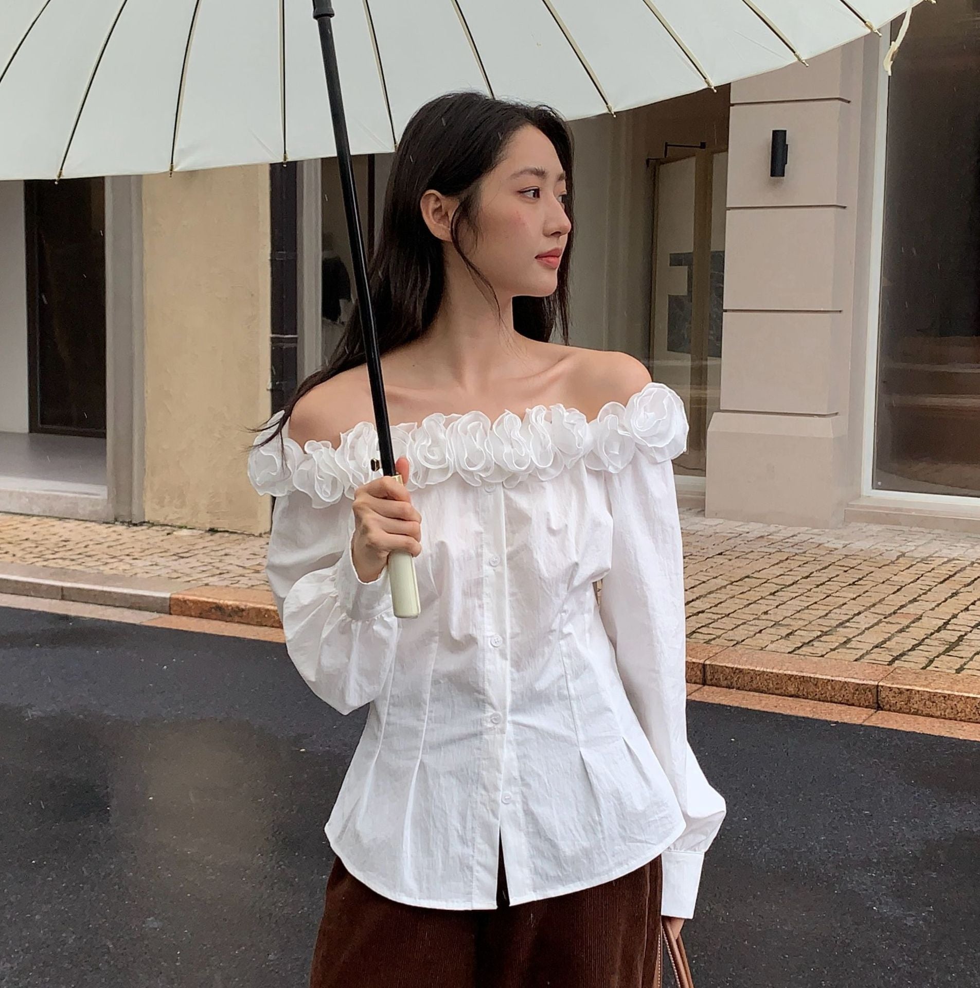 Autumn French Chic Heavy Industry Flower Pinch Pleated Waist Shoulder Shirt