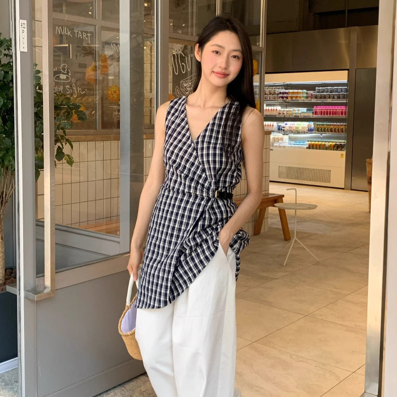 Waist buckle medium and long two wear sleeveless plaid dress