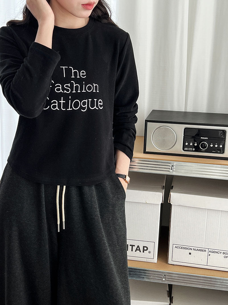 Korean printed letter double-sided velvet long-sleeved bottoming shirt women's winter round neck skin-friendly elastic top