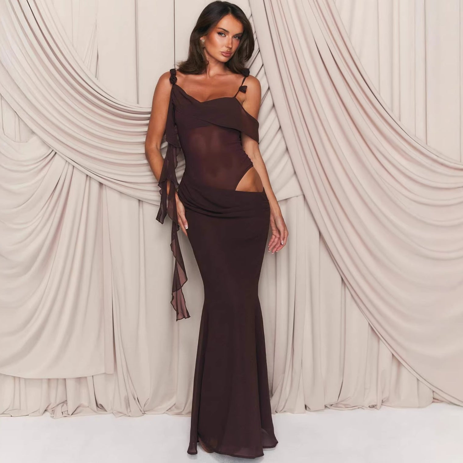 Sexy splicing hollow hip skirt slim Spice Girl perspective European and American suspender dress