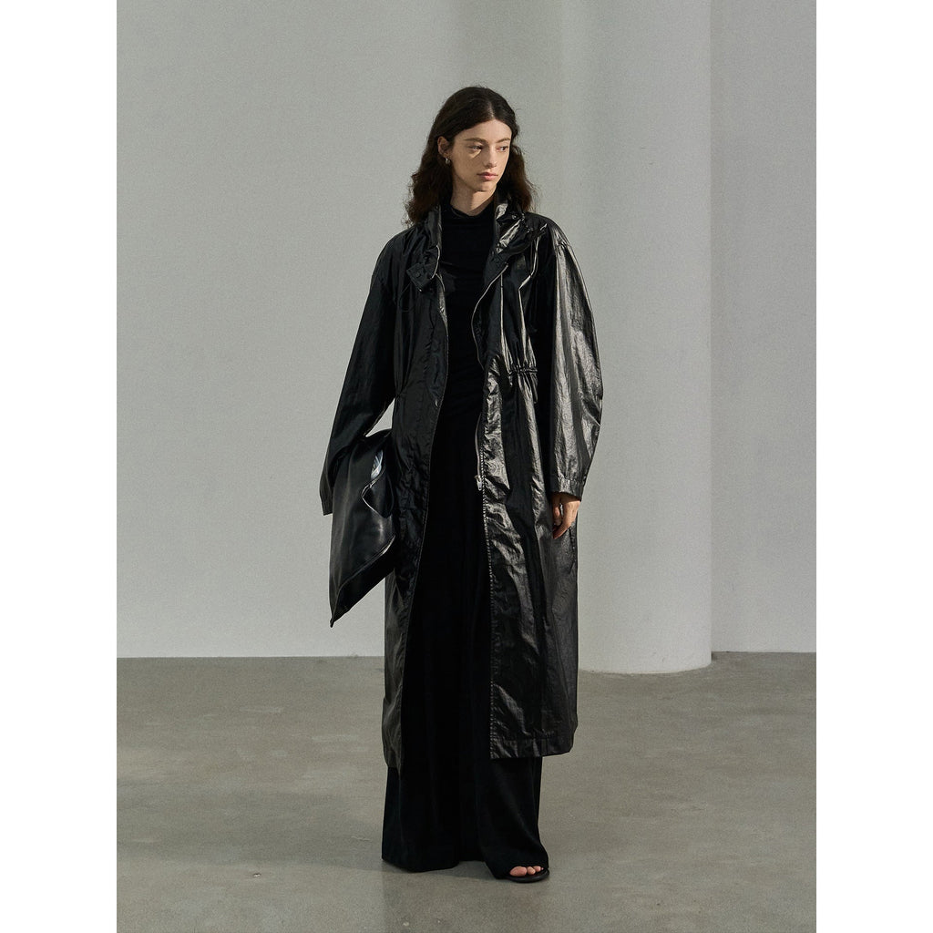 Autumn new commuter waterproof PU coated drawstring dark four-in-one buckle waist trench coat