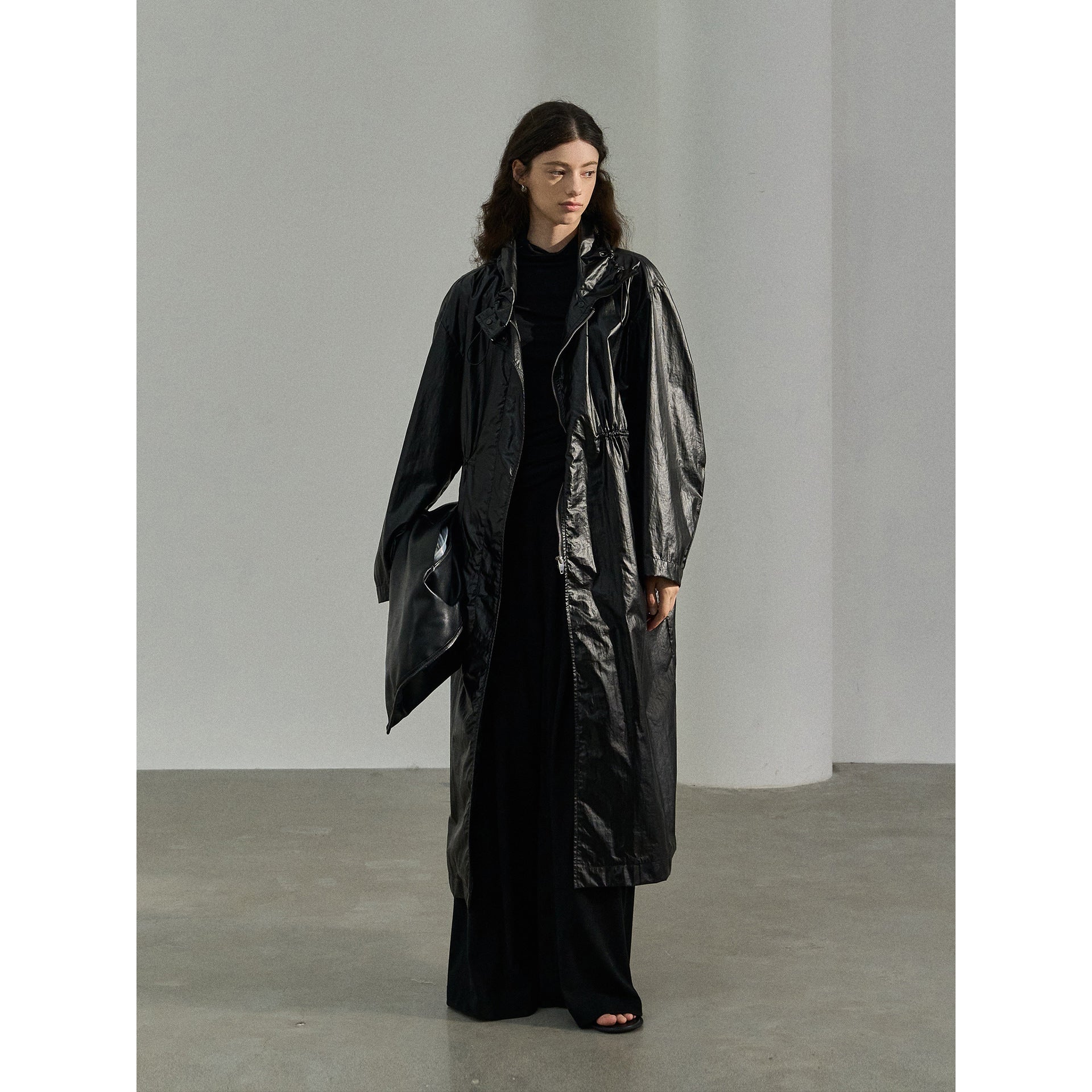 Autumn new commuter waterproof PU coated drawstring dark four-in-one buckle waist trench coat
