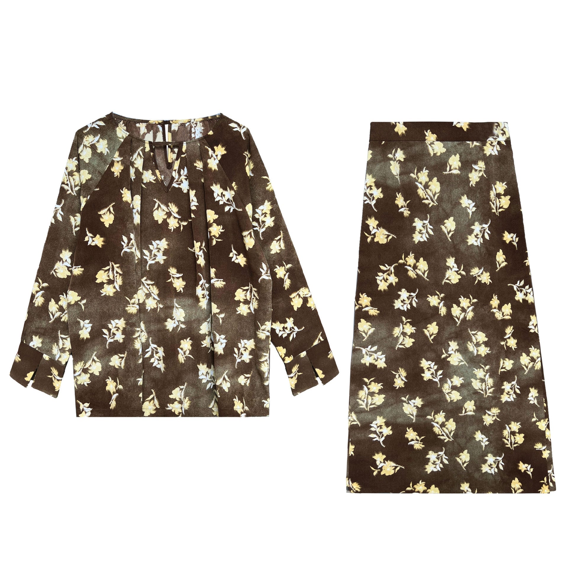 French high-end long-sleeved floral shirt + A-shaped split skirt two-piece set of relaxation suit for women