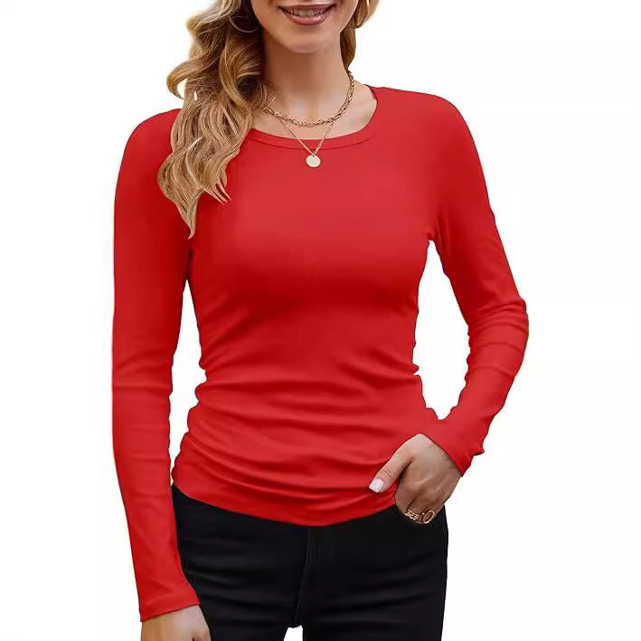 Ribbed Cotton Long Sleeve T-Shirt Women Solid Color Round Neck Slim Fit