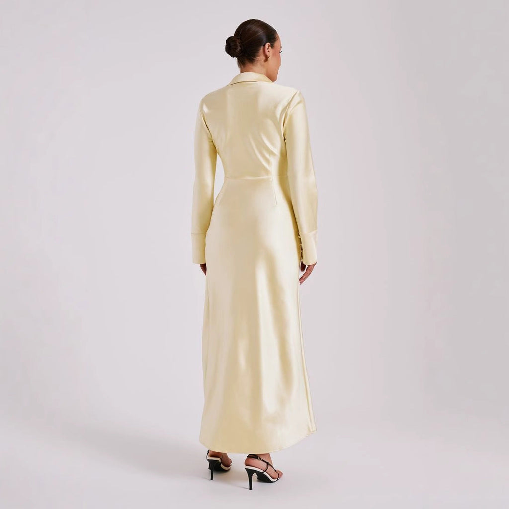 Fashion Vacation Style Long Sleeve Shirt Split Skirt Sexy Satin Dress