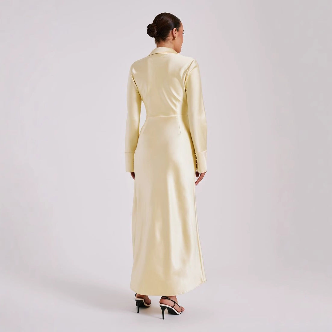 Fashion Vacation Style Long Sleeve Shirt Split Skirt Sexy Satin Dress