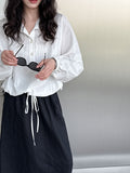 Early autumn new Korean casual pullover lapel shirt women's loose hem drawstring waist top