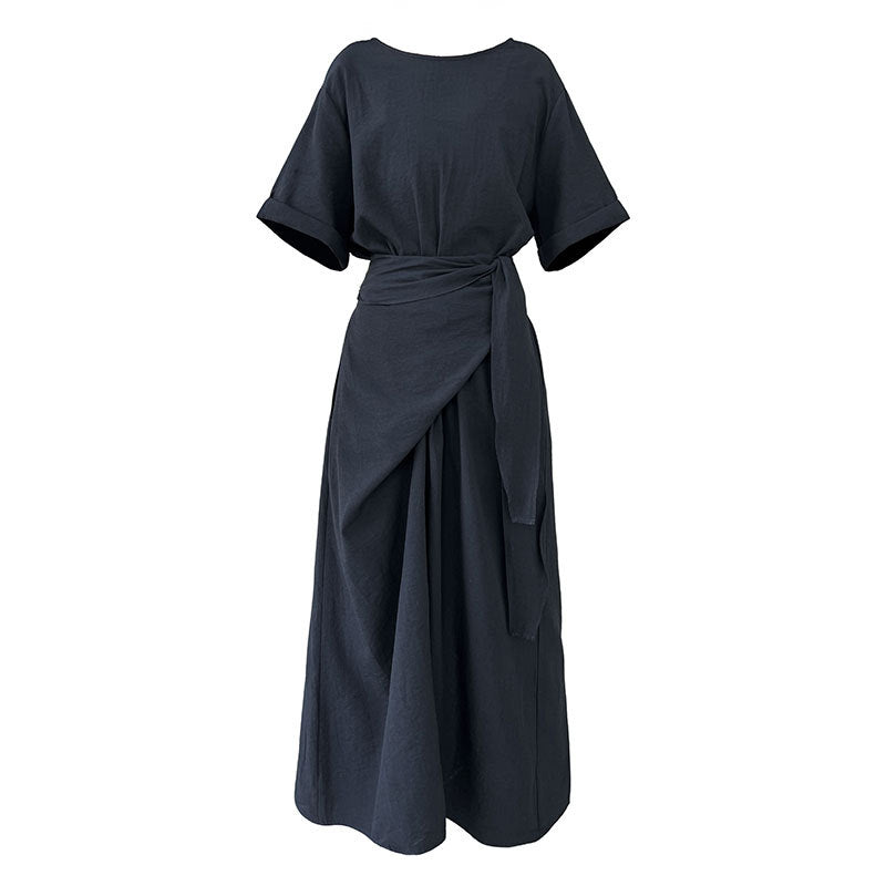 Niche design cross-strap short-sleeved dress spring and summer new waist and thin A-shaped long dress