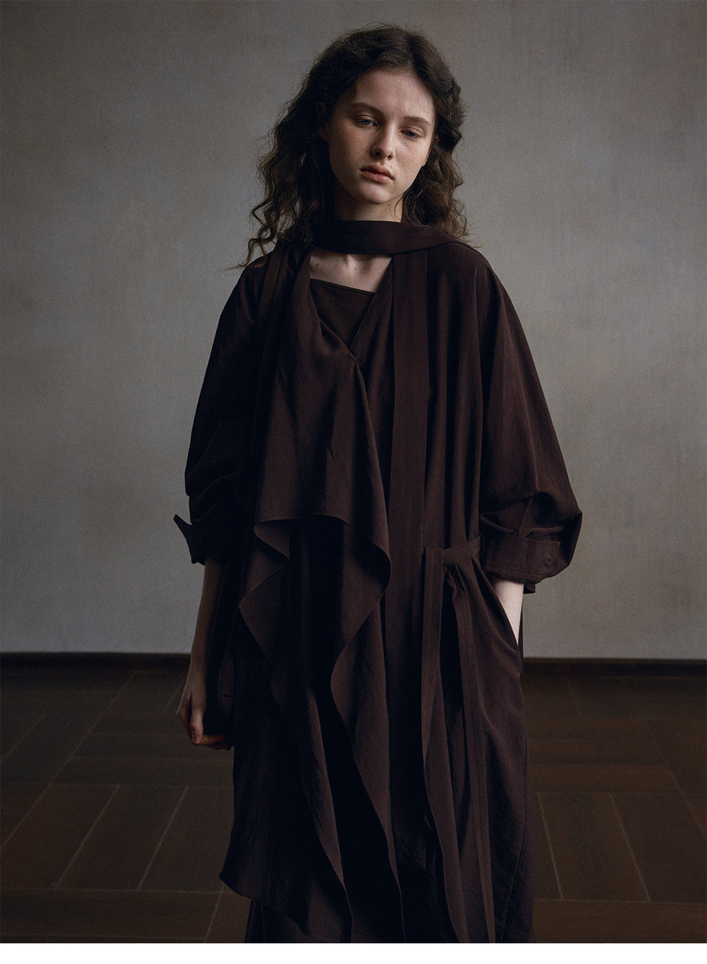 Tencel linen loose lace-up trench coat dress design temperament long coat